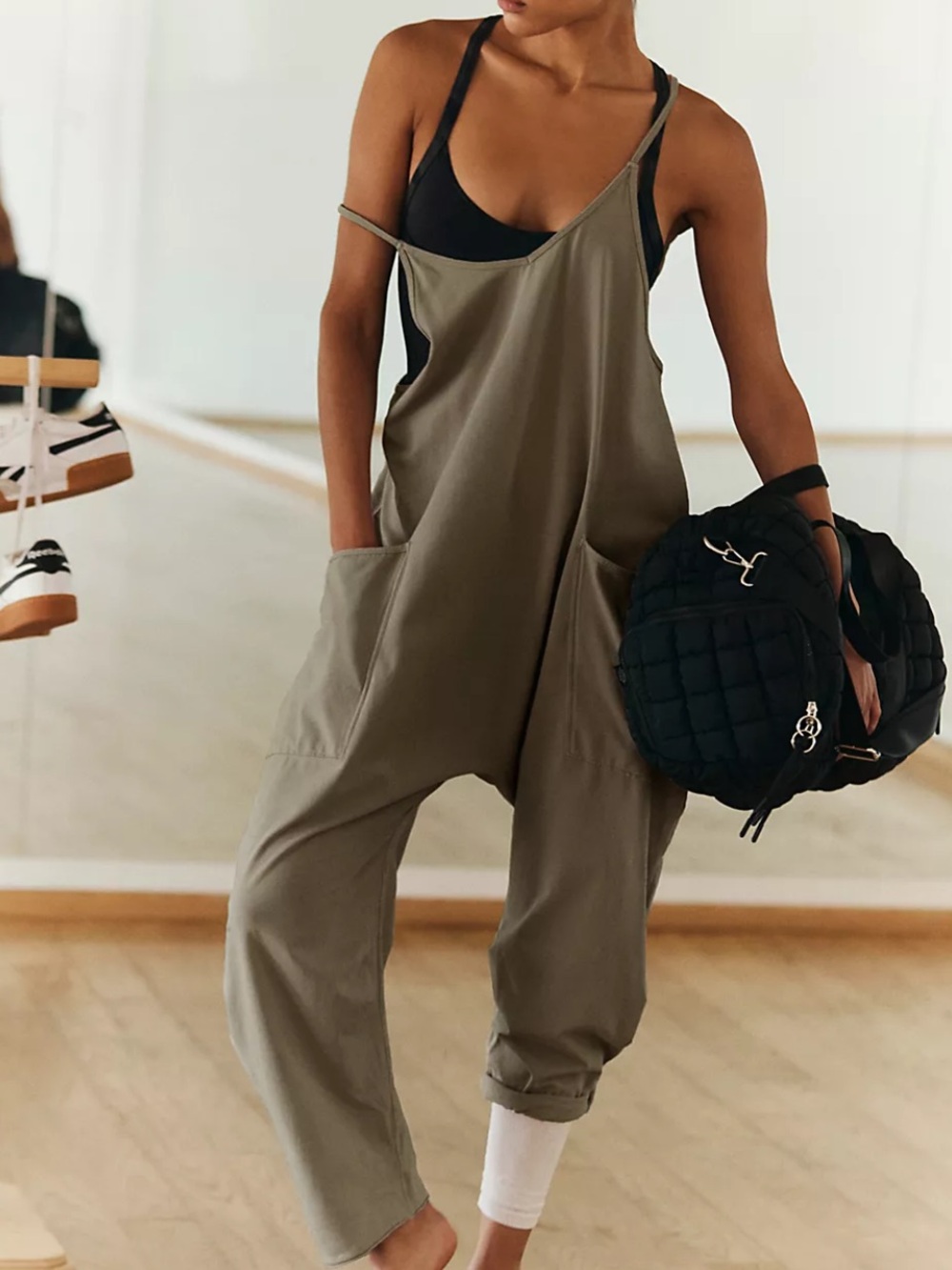 FP Movement by Free People Olive Relaxed-Strap Jumpsuit SIZE M - light brown